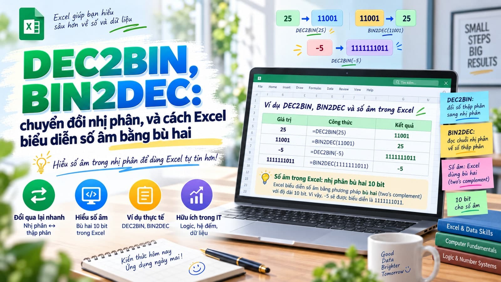 DEC2BIN, BIN2DEC: chuyển đổi nhị phân, và cách Excel biểu diễn số âm bằng bù hai