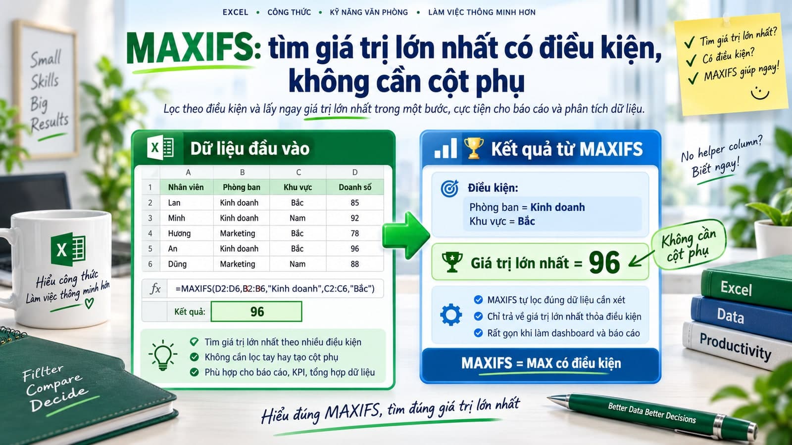 MAXIFS: tìm giá trị lớn nhất có điều kiện, không cần cột phụ