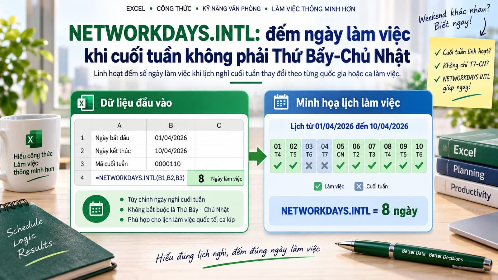 NETWORKDAYS.INTL: đếm ngày làm việc khi cuối tuần không phải Thứ Bảy-Chủ Nhật