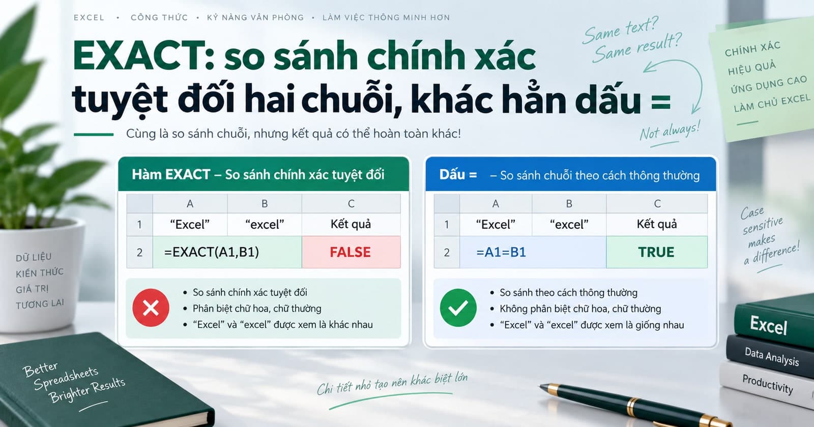 EXACT: so sánh chính xác tuyệt đối hai chuỗi, khác hẳn dấu =