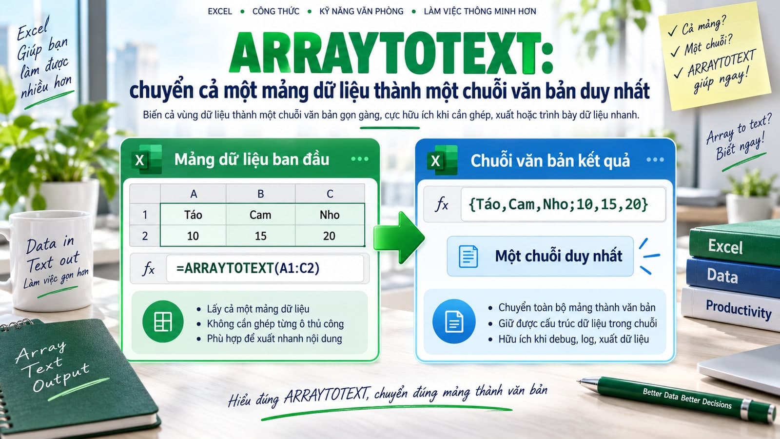 ARRAYTOTEXT: chuyển cả một mảng dữ liệu thành một chuỗi văn bản duy nhất