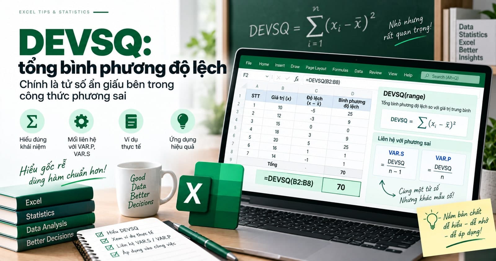 DEVSQ: tổng bình phương độ lệch, chính là tử số ẩn giấu bên trong công thức phương sai