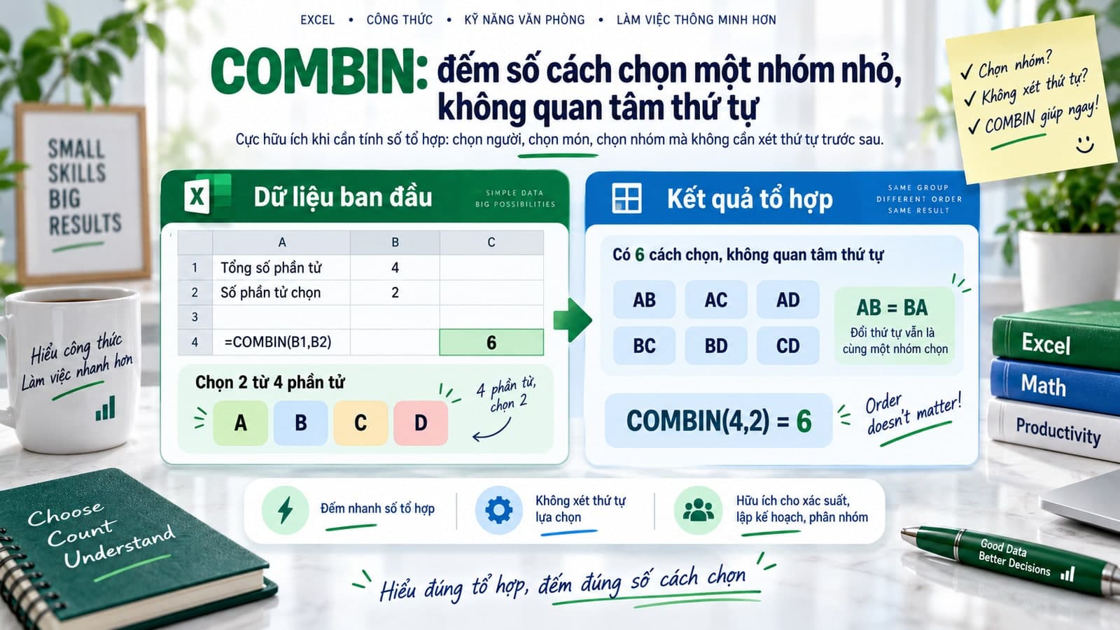 COMBIN: đếm số cách chọn một nhóm nhỏ, không quan tâm thứ tự