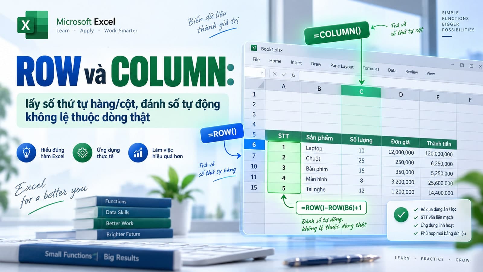 ROW và COLUMN: lấy số thứ tự hàng/cột, đánh số tự động không lệ thuộc dòng thật