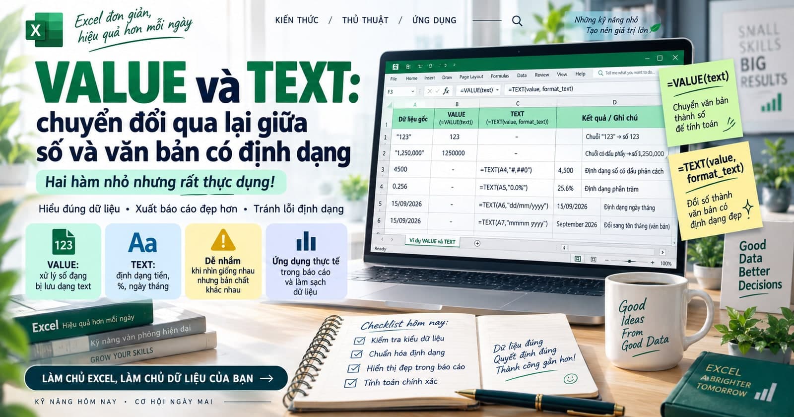 VALUE và TEXT: chuyển đổi qua lại giữa số và văn bản có định dạng
