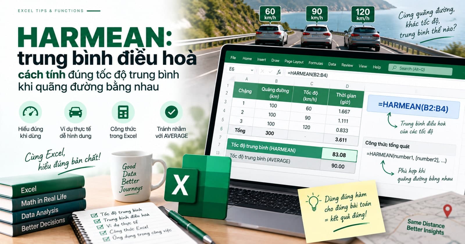 HARMEAN: trung bình điều hoà, cách tính đúng tốc độ trung bình khi quãng đường bằng nhau