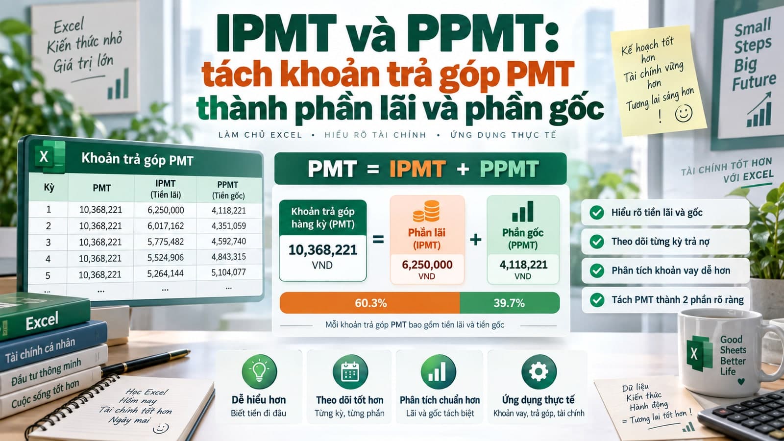 IPMT và PPMT: tách khoản trả góp PMT thành phần lãi và phần gốc