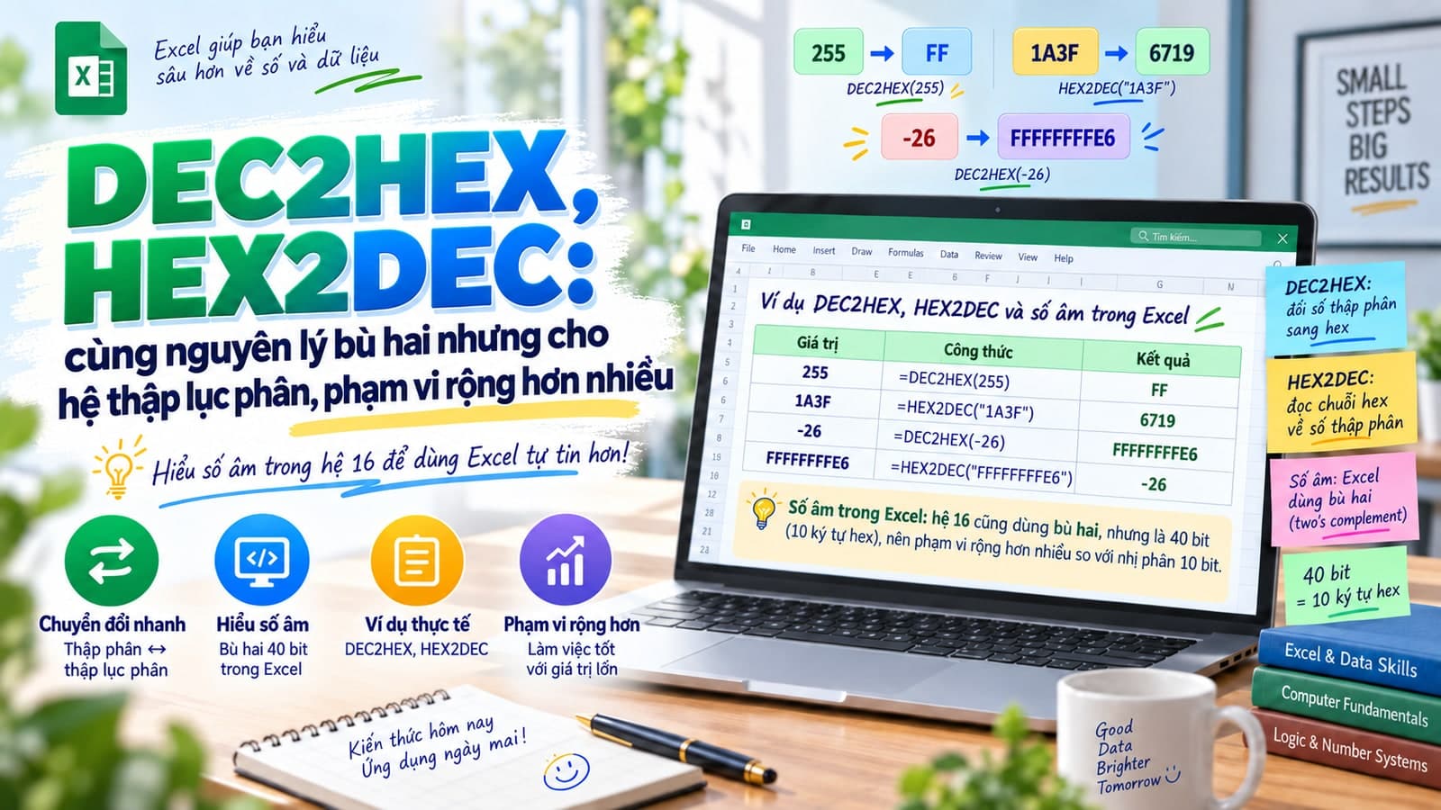 DEC2HEX, HEX2DEC: cùng nguyên lý bù hai nhưng cho hệ thập lục phân, phạm vi rộng hơn nhiều