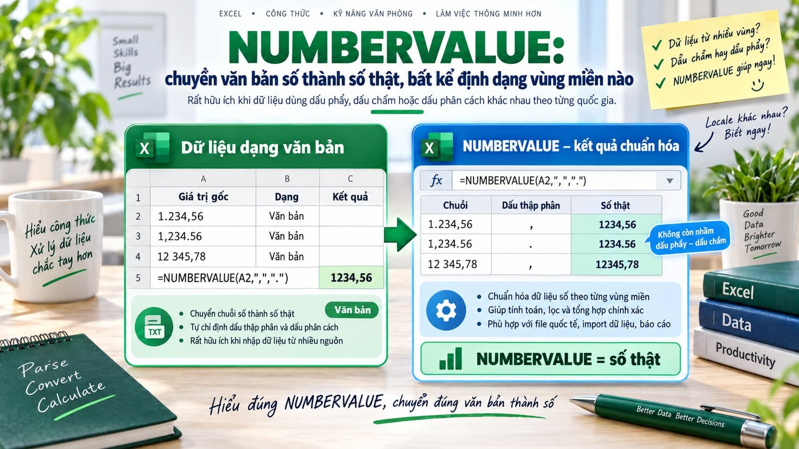 NUMBERVALUE: chuyển văn bản số thành số thật, bất kể định dạng vùng miền nào