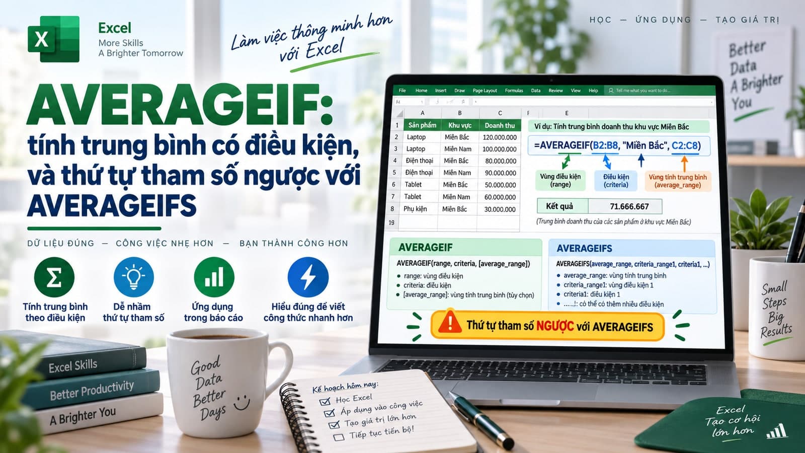 AVERAGEIF: tính trung bình có điều kiện, và thứ tự tham số ngược với AVERAGEIFS