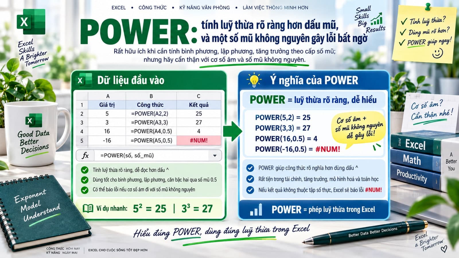 POWER: tính luỹ thừa rõ ràng hơn dấu mũ, và một số mũ không nguyên gây lỗi bất ngờ