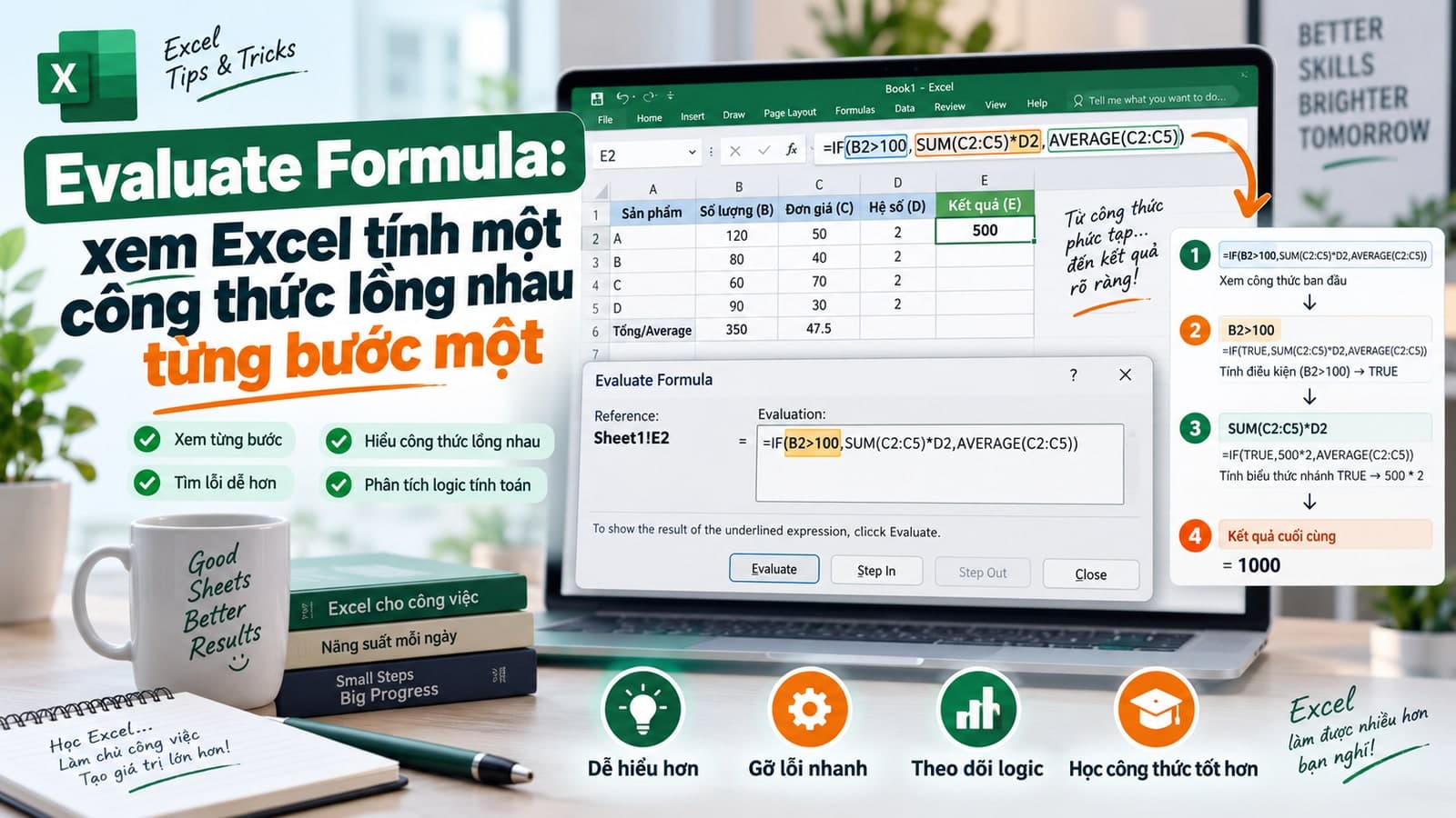 Evaluate Formula: xem Excel tính một công thức lồng nhau từng bước một