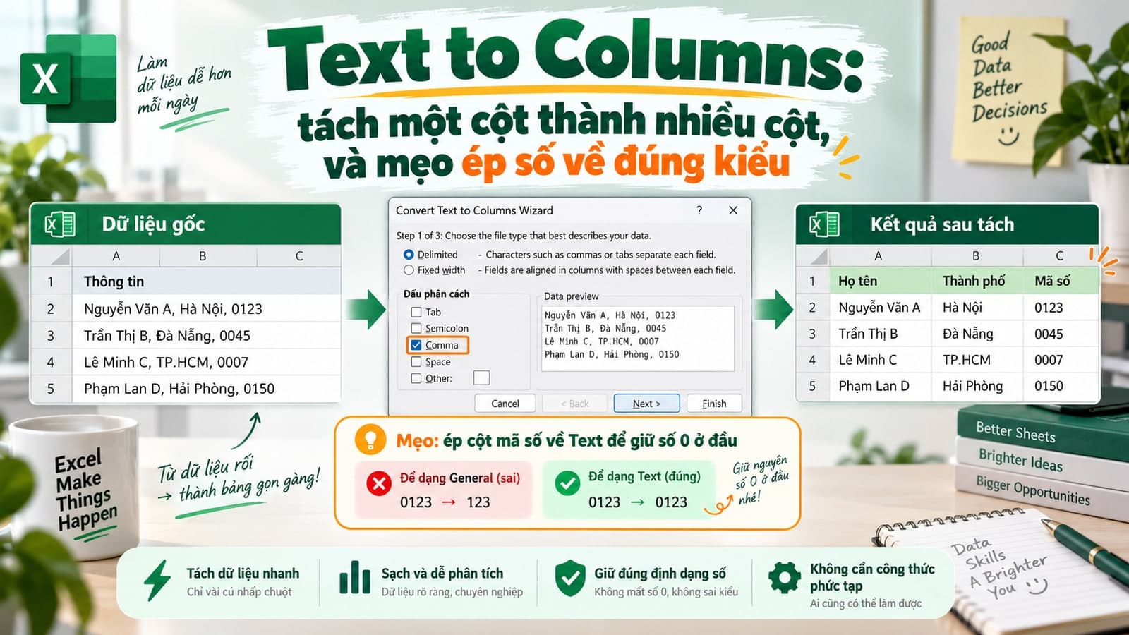 Text to Columns: tách một cột thành nhiều cột, và mẹo ép số về đúng kiểu