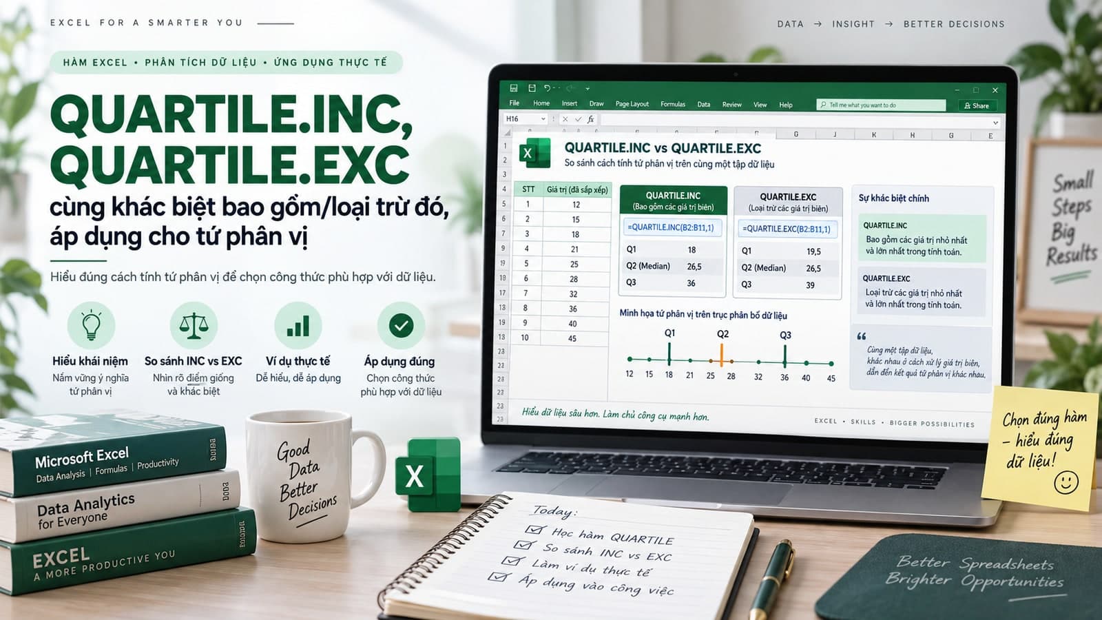 QUARTILE.INC, QUARTILE.EXC: cùng khác biệt bao gồm/loại trừ đó, áp dụng cho tứ phân vị
