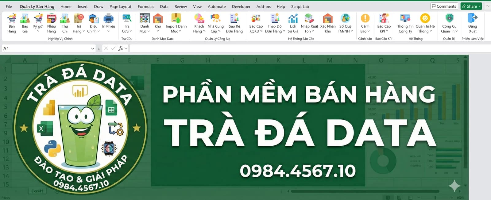 Phần mềm chạy trong Excel: dải ribbon Quản Lý Bán Hàng với các nhóm nghiệp vụ, tra cứu, danh mục, công nợ, báo cáo và quản trị