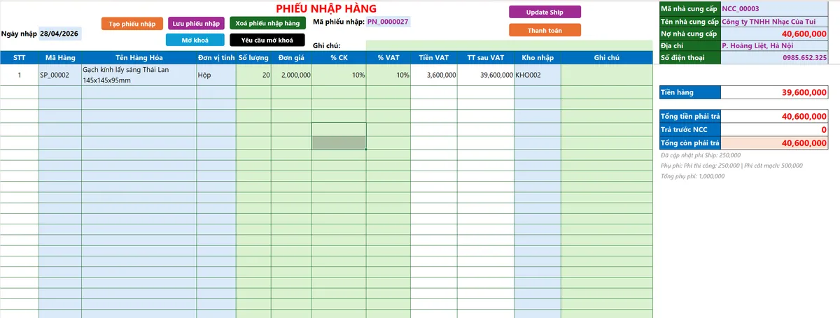 Màn hình nhập hàng